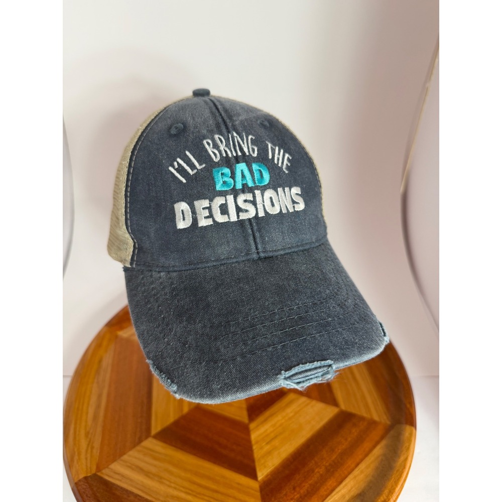 Adams Piper Lou I'll Bring The Bad Decisions Distressed Trucker Hat Navy Tan